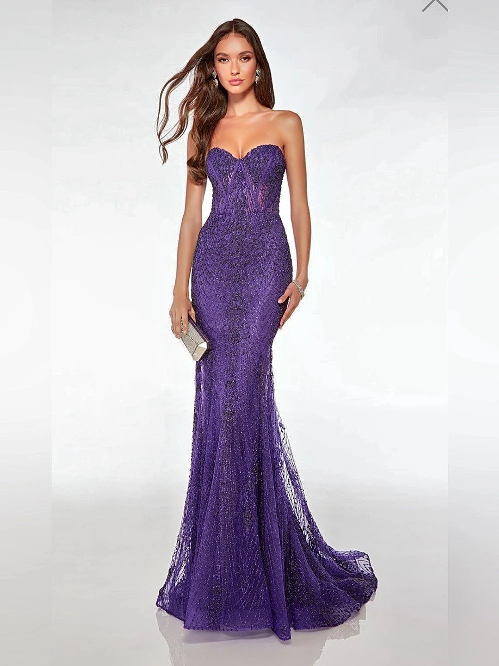 ALYCE PARIS Beaded Strapless Sweetheart Mermaid Mardi Gras Evening Gown Purple